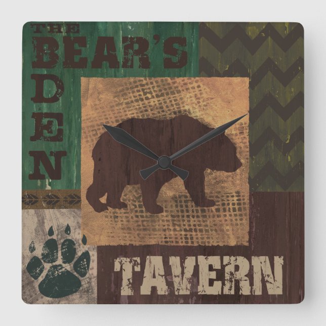 Carrée Style Lodge Ours Horloge rustique (Recto)
