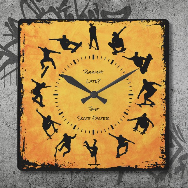 Carrée Toujours Sur Ma Planche Horloge de skateboard jaun (Forever On My Board Skateboarding Clock Yellow)