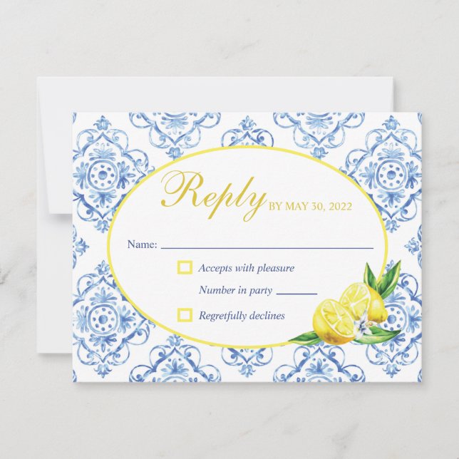 Carrelage bleu Italien Floral Lemon Carte de répon (Devant)