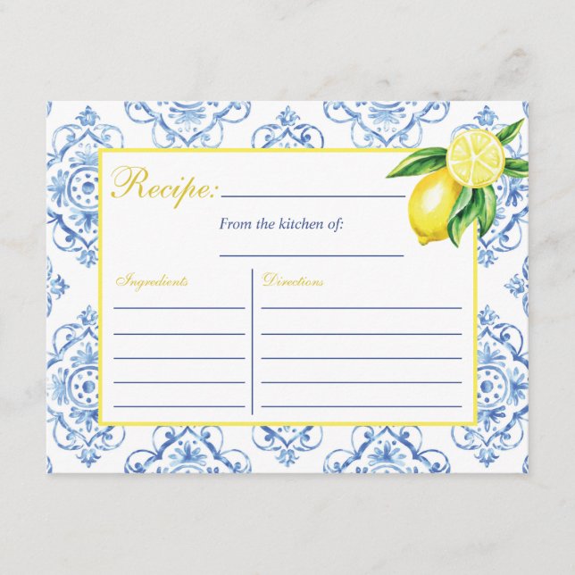 Carrelage bleu Italien Floral Lemon Recette Carte (Devant)
