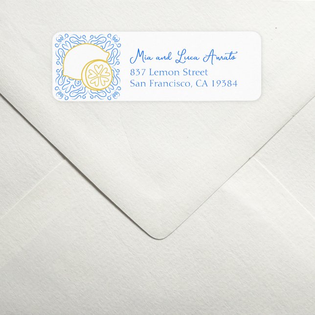 Carrelage bleu romantique Citrus Lemon Mariage de  (Add a zesty twist to your mail with this chic lemon-themed address label—fresh, fun, and stylish.)