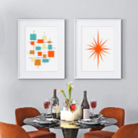 Carrés Abstraits orange et Starburst Mid Century