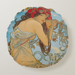 Carriage Dealers by Alphonse Mucha (1902) Round Pillow