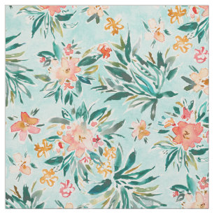 CARRIED AWAY Tropical Aqua Peach Watercolor Floral Fabric