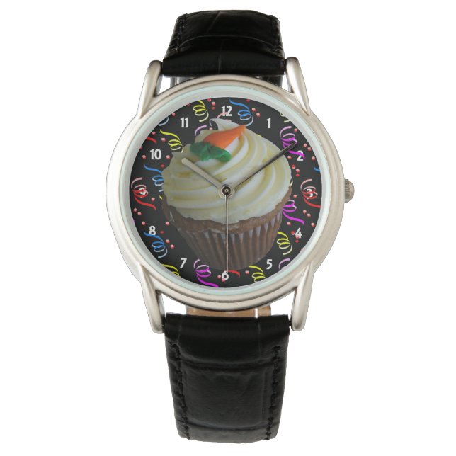 Carrot Cake Cupcake & Confetti Black Leather Watch (Front)