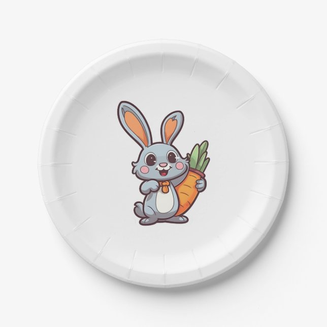 Carrot-Loving Easter Bunny Cute 2D Design Paper Plate (Front)