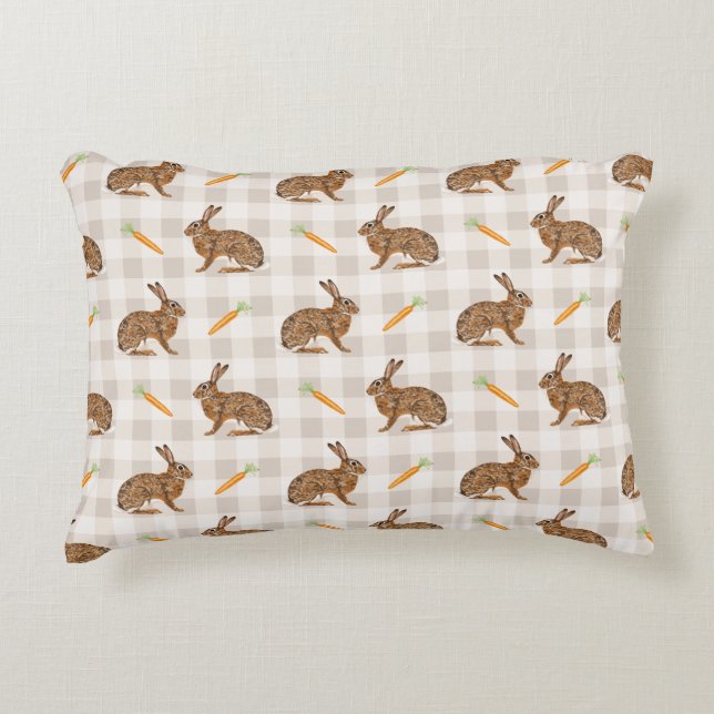 Carrots And Hare Bunnies Spring Easter Beige Accent Pillow (Front)