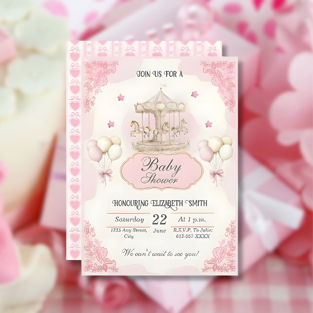 Carrousel Vintage rose - Invitation Baby shower (pink-pony-carousel-vintage-girl-baby-shower-invitation)