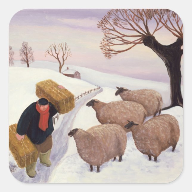 Carrying Hay to the Sheep in Winter Square Sticker (Front)