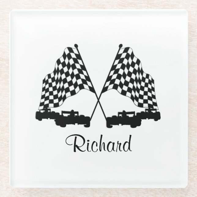 Cars and Chequered Flag Race Personal Glass Coaster (Front)