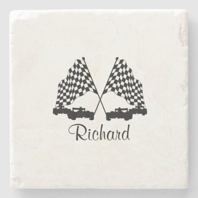 Cars and Chequered Flag Race Personal Stone Coaster (Front)