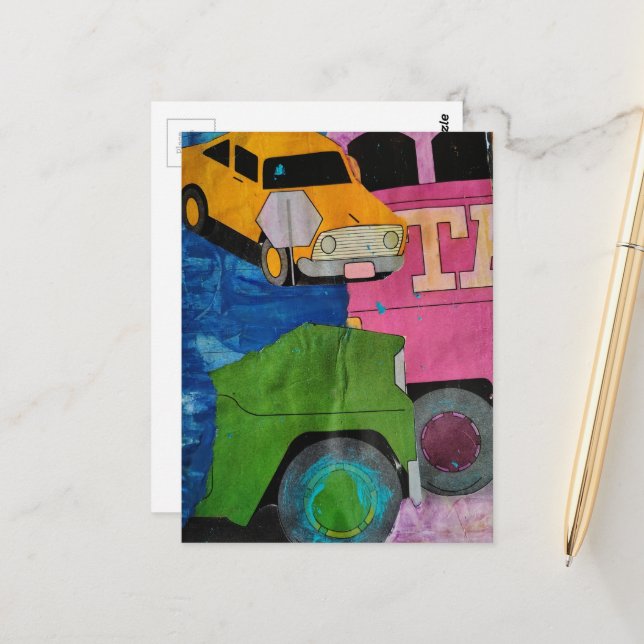 Cars and Trucks mixed media collage  Postcard (Front/Back In Situ)