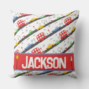 Cars and Trucks Primary Colours Patterned  Throw Pillow