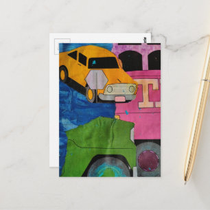 Cars and Trucks yellow green pink blue collage  Postcard