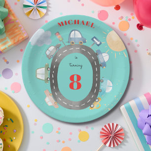 Cars and vehicles on the road boy birthday paper plate