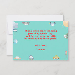 Cars and vehicles on the road boy birthday thank you card