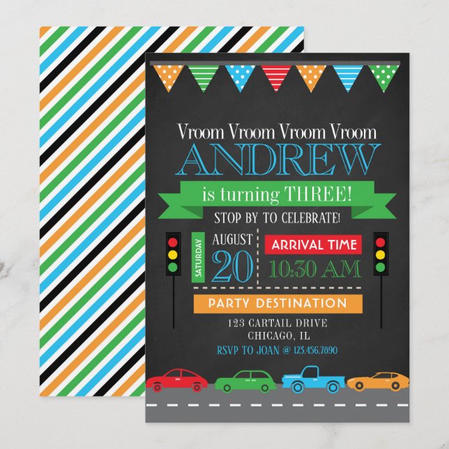 Cars Chalkboard Birthday Party Invitation (Front/Back)