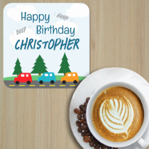 Cars Kids Boy Birthday Square Paper Coaster