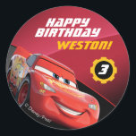 Cars Lightning McQueen | Birthday Classic Round Sticker<br><div class="desc">Personalize this cute Disney Pixar Cars Birthday stickers with your own custom text.</div>