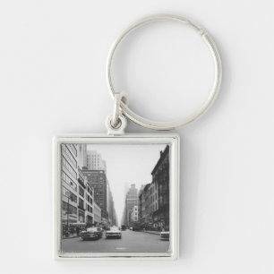 Cars riding on city street B&W Keychain