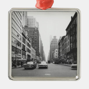 Cars riding on city street B&W Metal Ornament