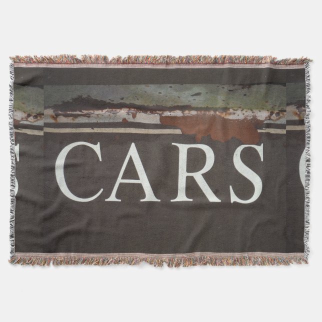 Cars sign on antique tow truck. car, rusted metal throw blanket (Front)