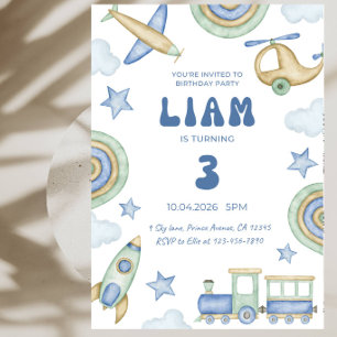 Cars Trucks Trains Airplanes Boy Birthday Party Invitation