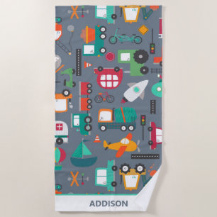 Cars Trucks Vehicles Kids Pattern Personalized Beach Towel