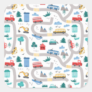 Cars & Vehicles Cartoon Road Pattern Background  Square Sticker