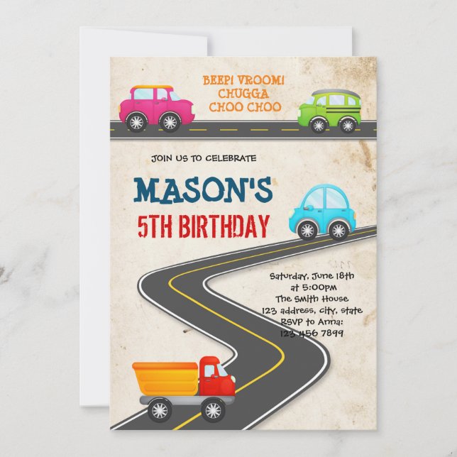 Cars vehicles transportation birthday invitation (Front)