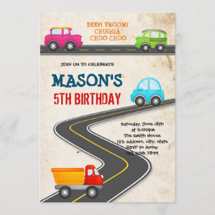Cars vehicles transportation birthday invitation