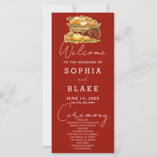 Cart of Pumpkins Fall Cherry Red Wedding Program (Front)