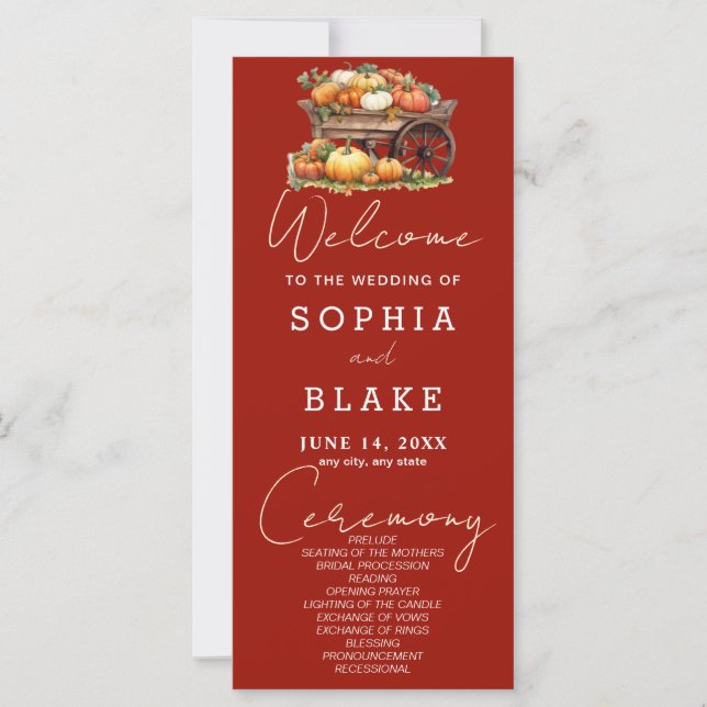 Cart of Pumpkins Fall Cherry Red Wedding Program (Front)