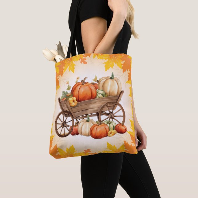 Cart of Pumpkins Fall Leaf Border Orange Halloween Tote Bag (Close Up)