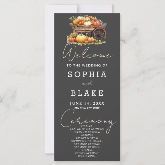 Cart of Pumpkins Fall Shadow Grey Wedding Program (Front)
