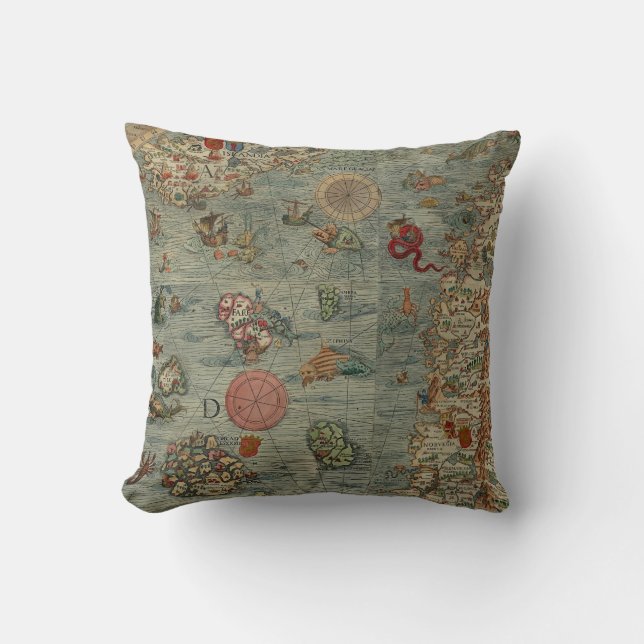 Carta Marina Map (Sea Unicorns!) Throw Pillow (Front)