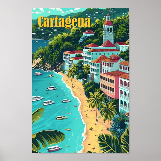 Cartagena Colombia Vintage Art Travel Illustration Poster (Front)