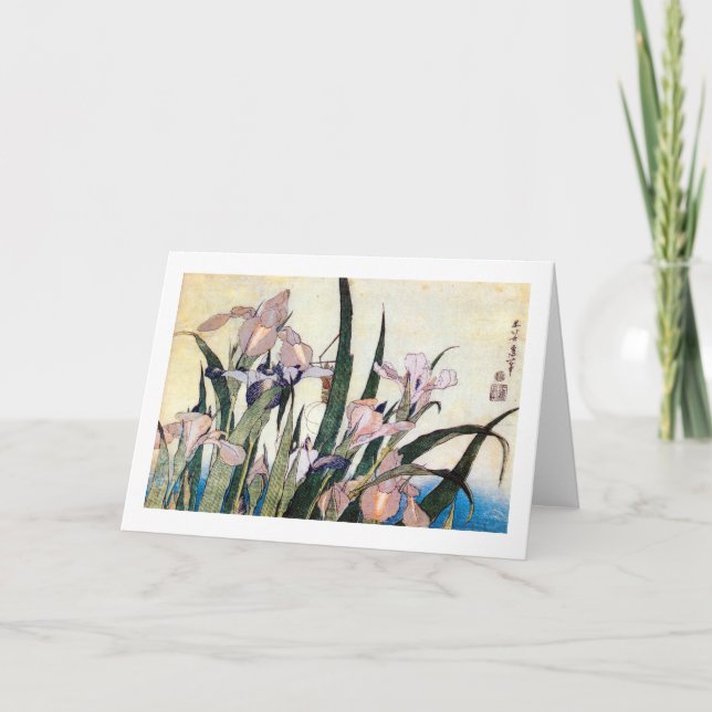 Carte 杜若ときりぎりす, iris de 北斎 et sauterelle, Hokusai (Devant)
