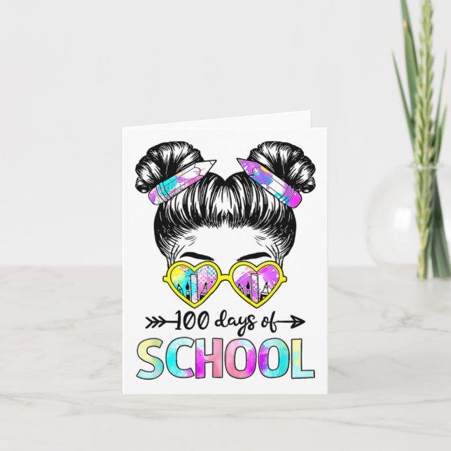 Carte 100 Jours Filles intelligentes Messy Bun Cheveux 1 (Devant)