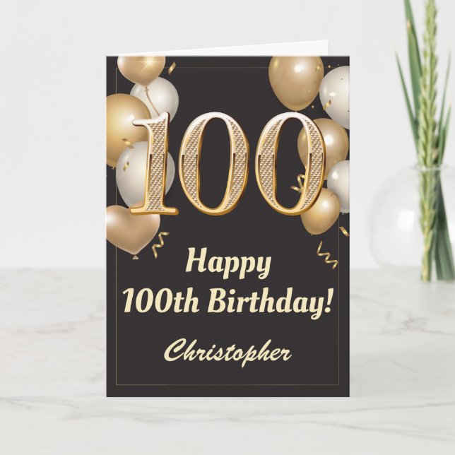 Carte 100e anniversaire Ballons Noir et Or Confetti (Devant)