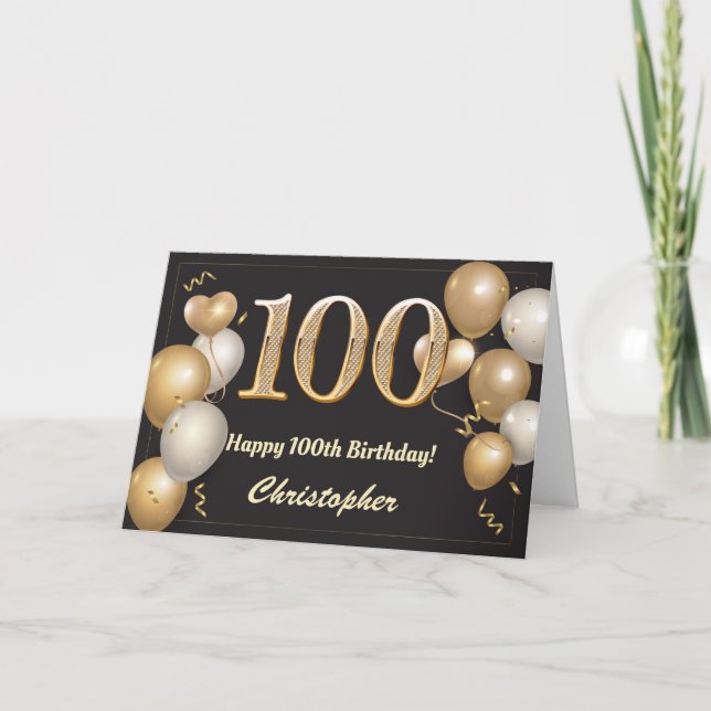 Carte 100e anniversaire Ballons noirs et or Anniversaire (Devant)