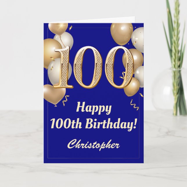 Carte 100e anniversaire Marine Blue Gold Balloons Confet (Devant)