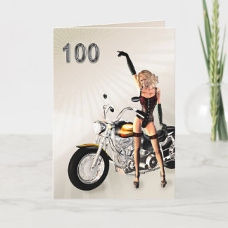 Carte 100e anniversaire, moto et fille