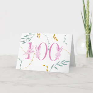 Carte 100th birthday faux glitter leaves pink white