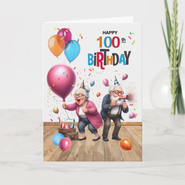 Carte 100th Birthday Funny Old Man and Woman Balloons (Devant)