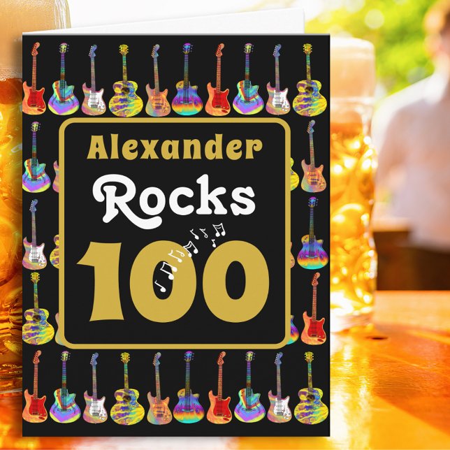 Carte 100th birthday Retro Groovy Guitar Personalized (Music lovers Guitar 100th birthday personalized name rocks 100 black & gold rock & roll folded card)