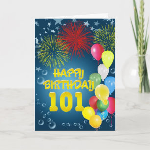 Carte 101e anniversaire avec feux d'artifice et ba