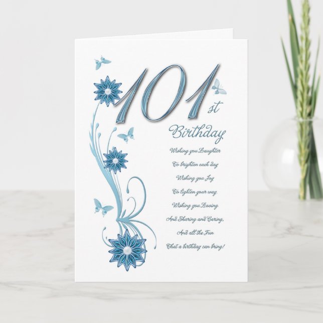 Carte 101e anniversaire en turquoise avec fleurs (Devant)