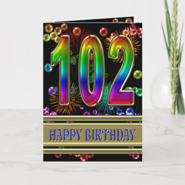 Carte 102e anniversaire avec bulles arc-en-ciel et feux  (Devant)