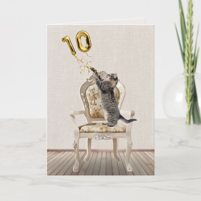 Carte 10e anniversaire Ballons et Tabby Cat (Devant)